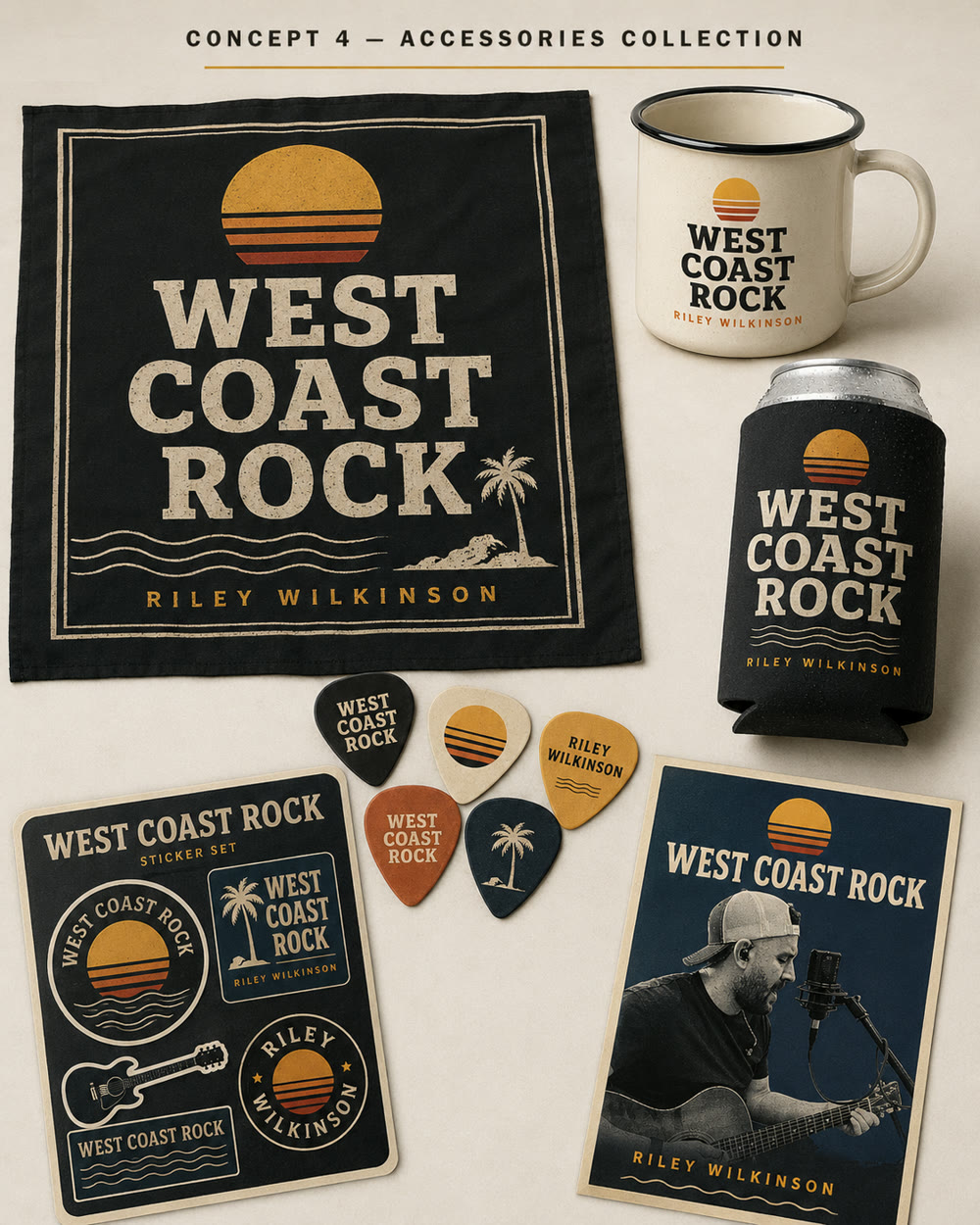 Accessories collection concept — bandana, enamel mug, koozie, guitar picks, and stickers