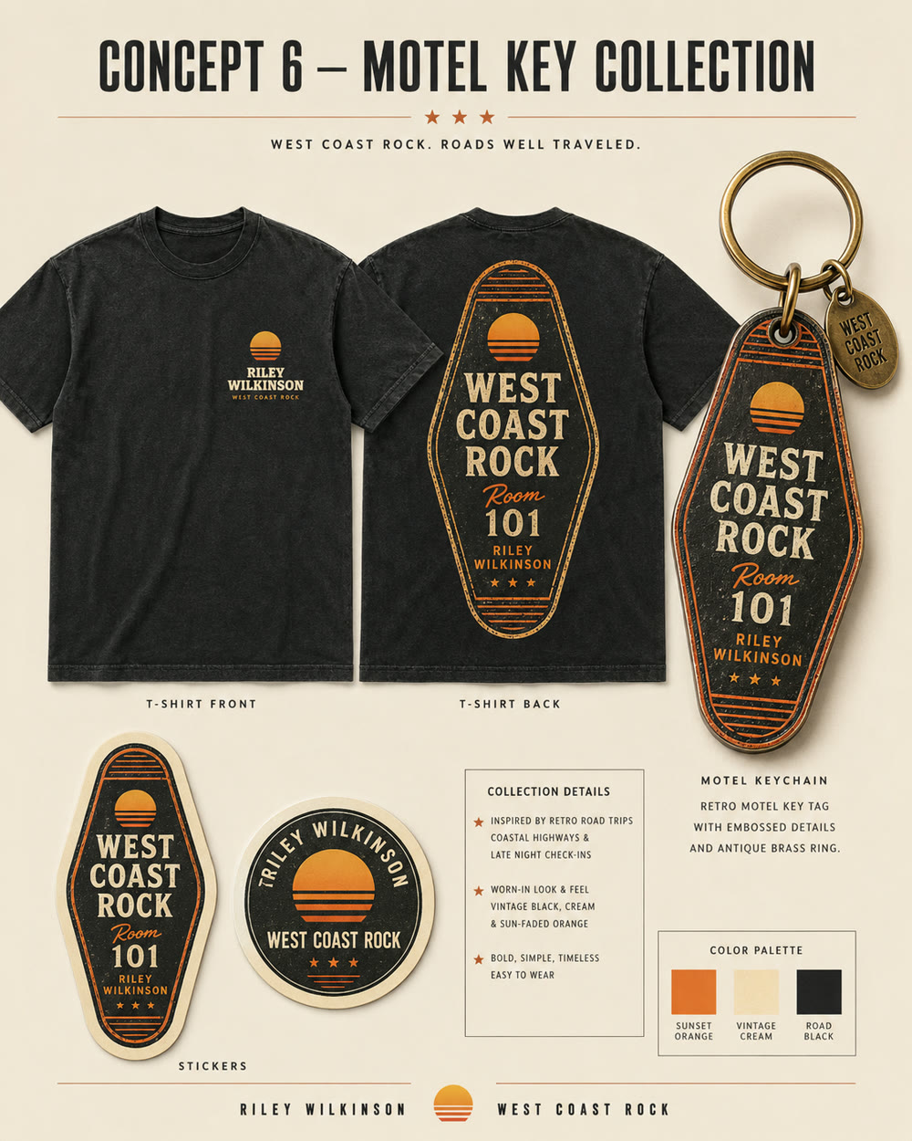 Motel Key collection concept — Room 101 tee, retro motel keychain, and stickers