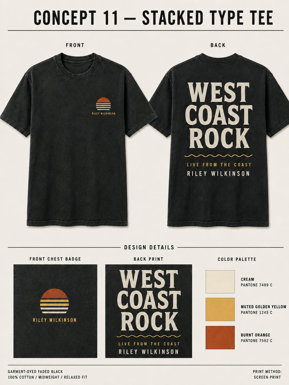 Stacked Type Tee concept — black tee with stacked West Coast Rock wordmark back print