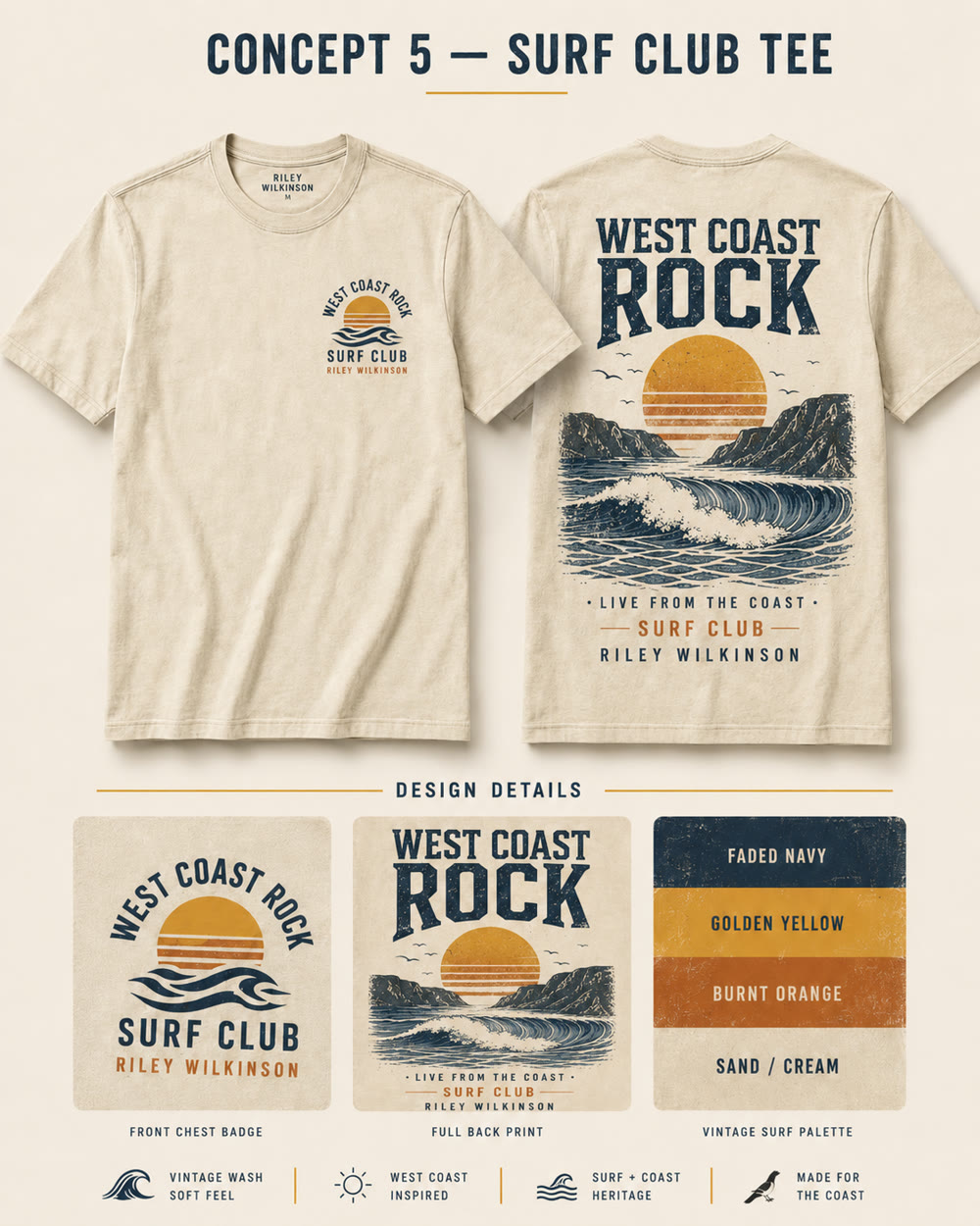 Surf Club Tee concept — cream tee with West Coast Rock coastal sunset and waves back print