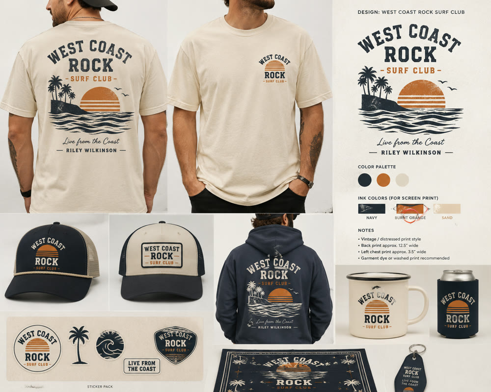 West Coast Rock Surf Club collection concept — tees, trucker hats, hoodie, mug, koozie, stickers, and keychain