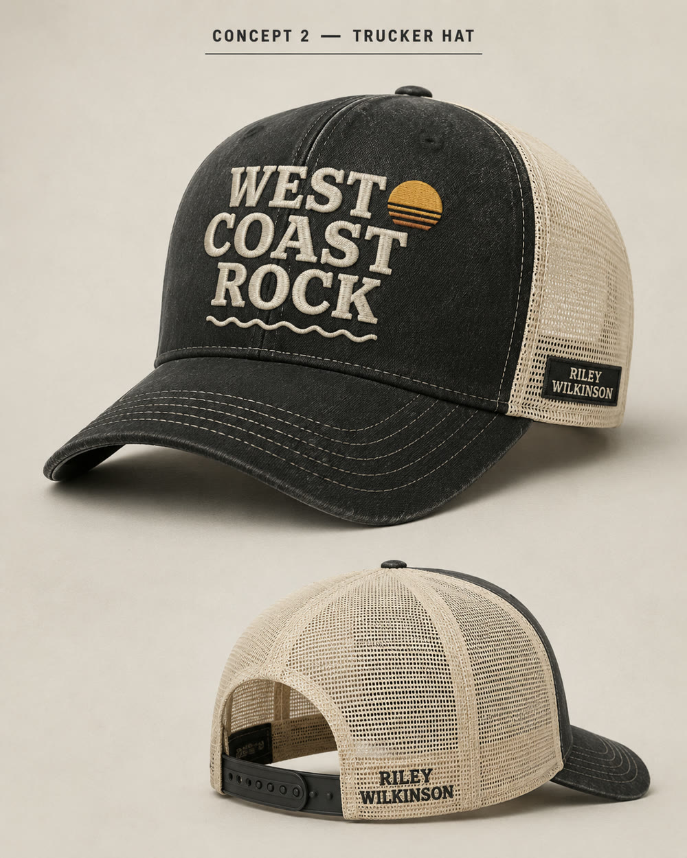 Trucker hat concept — black and cream with embroidered West Coast Rock